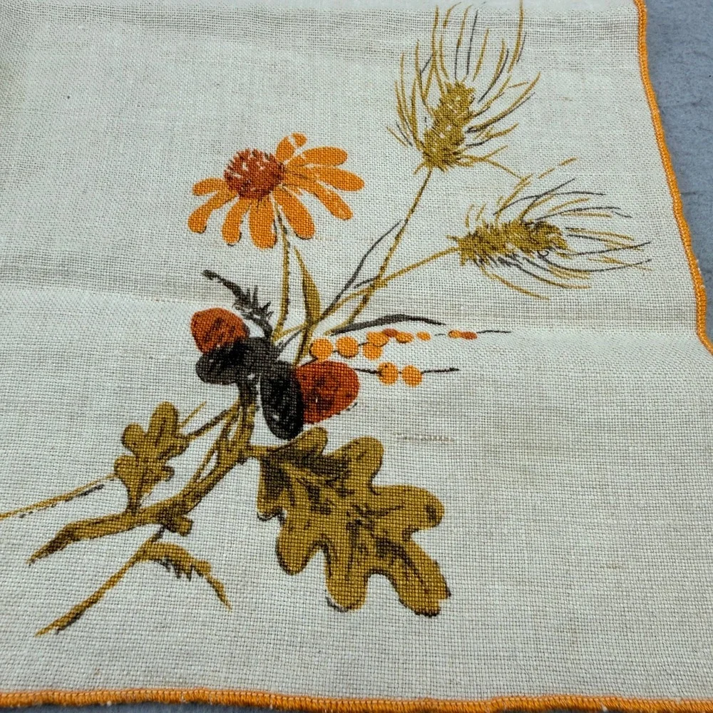 7pc Vtg Signed Luther Travis Fall Harvest Linen Set 4 Placemats‎ 3 Napkins Wheat